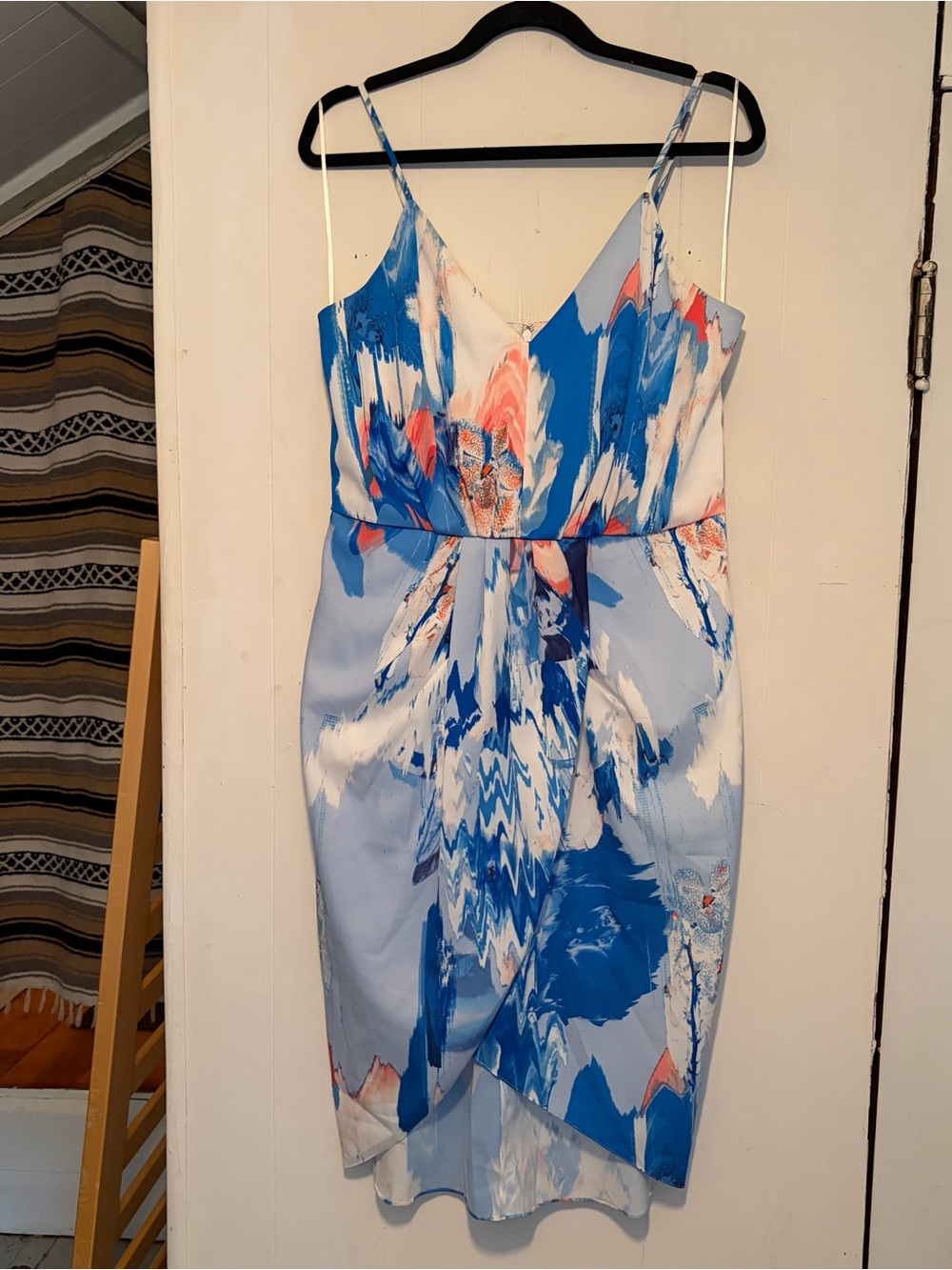 Chelsea28 spaghetti strap Blue, White & Coral Abstract Print tulip hem Dress